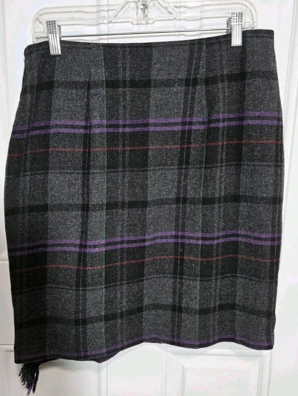 Y2K Ralph Lauren Plaid Wool Blanket Mini Fringed Skirt Size 8 Purple Gray Black - Picture 5 of 6